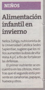 "Alimentación infantil en invierno" (Perú21, 10/07/2014)